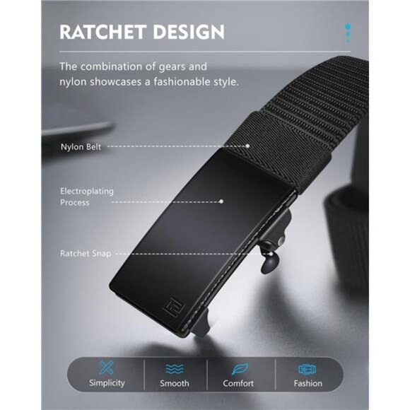 Men's Ratchet Web Belt,1.25 inch Nylon Automatic Buckle Belt,No Holes Invisible - Picture 2 of 7